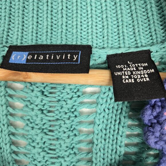VTG Relativity Cardigan Sweater sz L* Teal Tie Front Cotton Boho Cottagecore - Picture 10 of 16